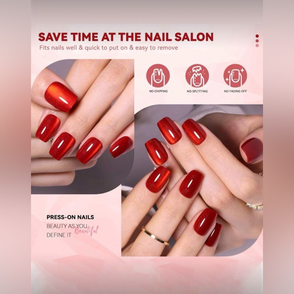 Red Metallic Cat Eye Velvet Press On Nails Medium Square False Nail Kit 24 NWT